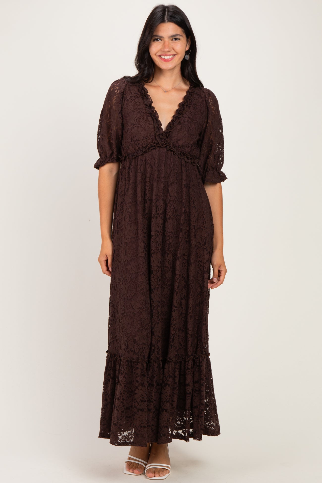 Brown Floral Lace V-Neck Maternity Maxi Dress