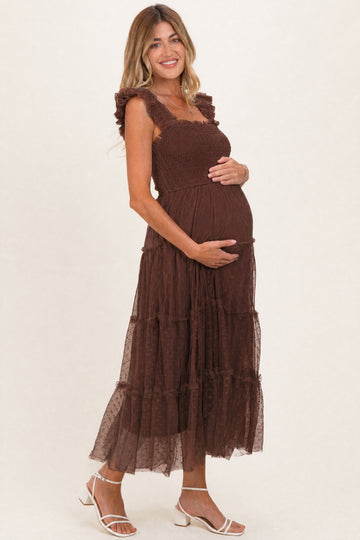 Brown Smocked Polka Dot Tulle Maternity Midi Dress