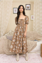 Light Brown Floral Lace Up Front Puff Sleeve Midi Dress