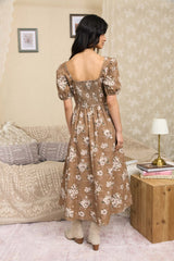 Light Brown Floral Lace Up Front Puff Sleeve Midi Dress