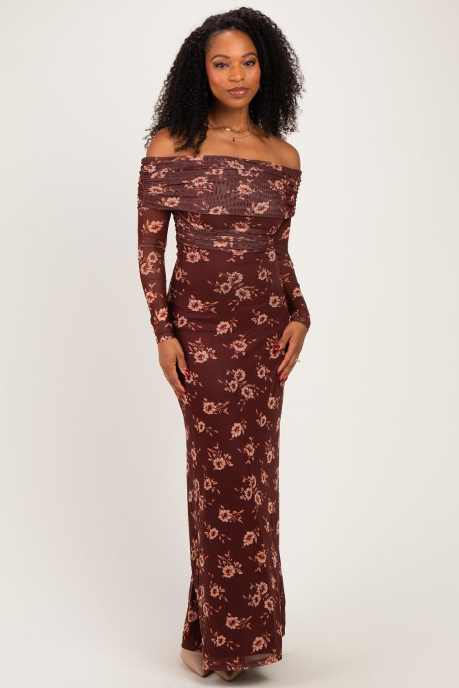 Burgundy Floral Mesh Off Shoulder Long Sleeve Maxi Dress