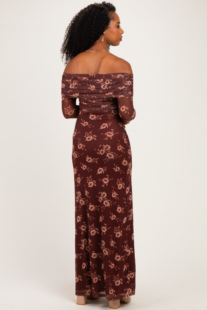 Burgundy Floral Mesh Off Shoulder Long Sleeve Maxi Dress