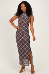 Brown Plaid Mesh Mock Neck Ruched Dress