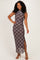 Brown Plaid Mesh Mock Neck Ruched Dress