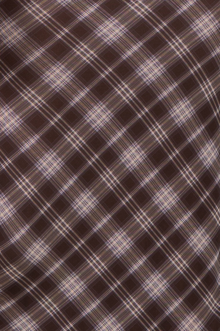 Brown Plaid Mesh Mock Neck Ruched Dress