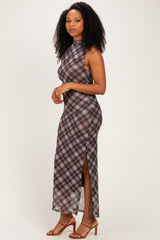 Brown Plaid Mesh Mock Neck Ruched Dress