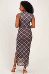 Brown Plaid Mesh Mock Neck Ruched Dress