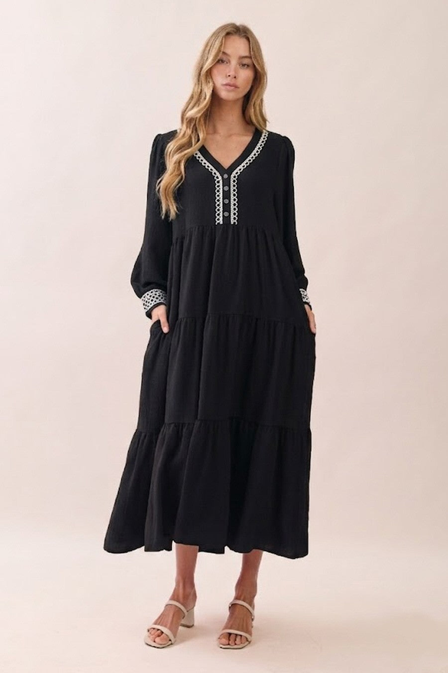 Black V-Neck Contrast Trim Tiered Midi Dress
