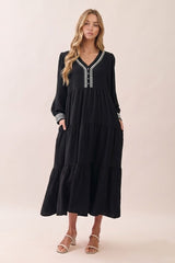 Black V-Neck Contrast Trim Tiered Midi Dress