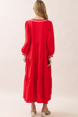 Red V-Neck Contrast Trim Tiered Midi Dress
