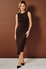 Dark Brown Sleeveless Side Knot Maternity Midi Dress
