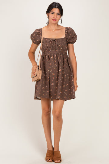 Brown Floral Puff Sleeve Square Neck Mini Dress