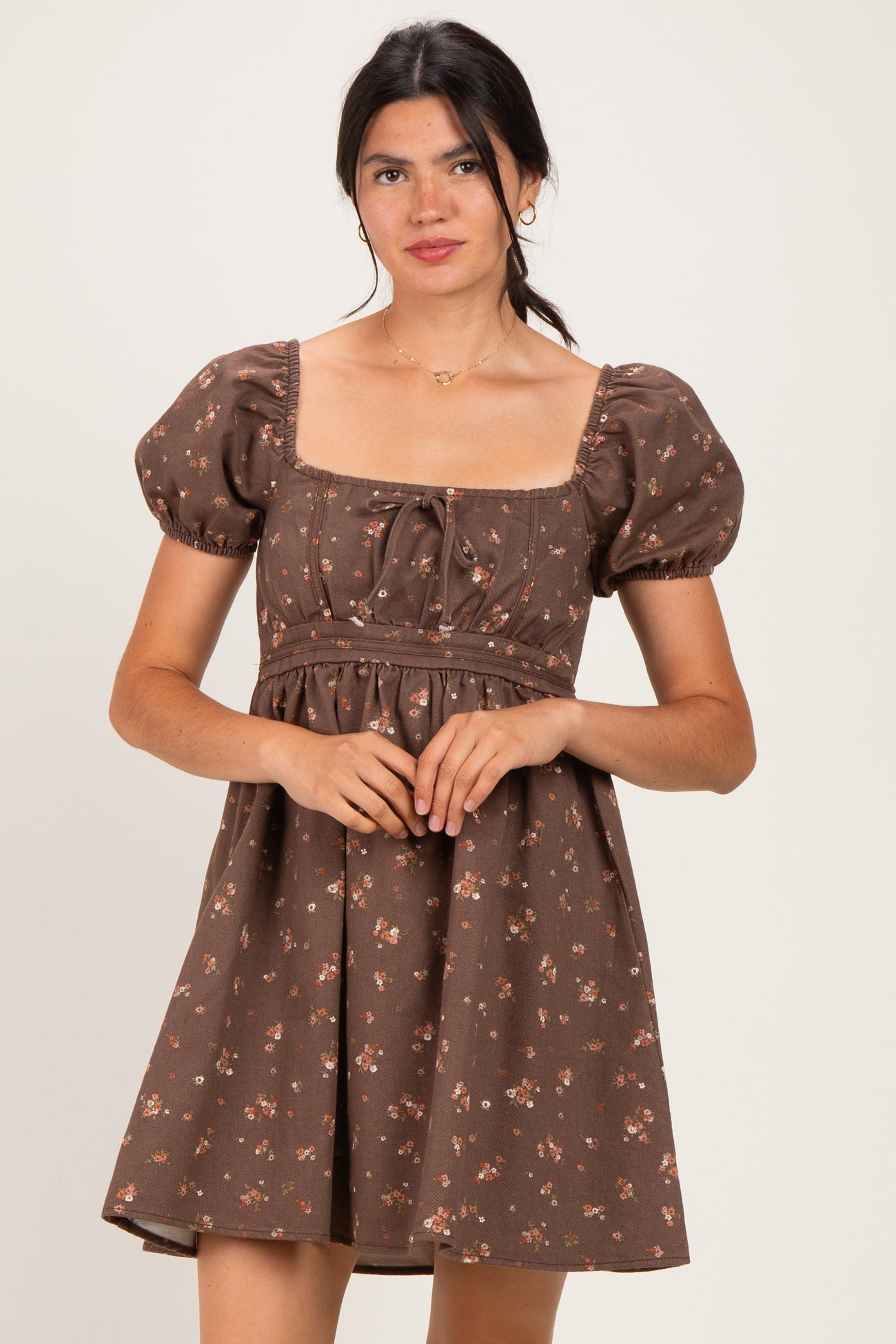 Brown Floral Puff Sleeve Square Neck Maternity Mini Dress