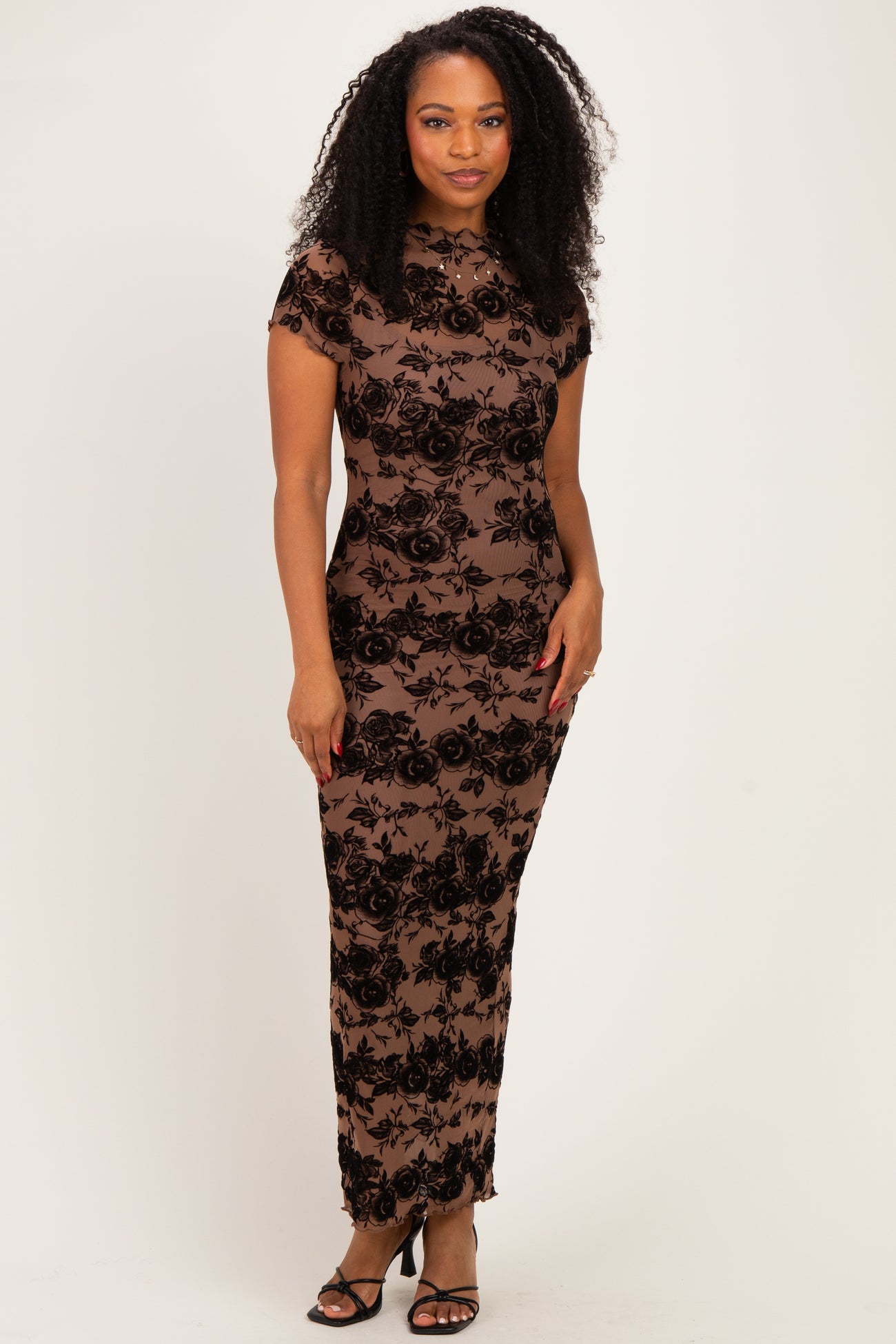 Mocha Floral Mesh Short Sleeve Maternity Midi Dress