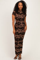 Mocha Floral Mesh Short Sleeve Maternity Midi Dress