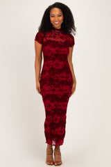 Red Floral Mesh Maternity Midi Dress