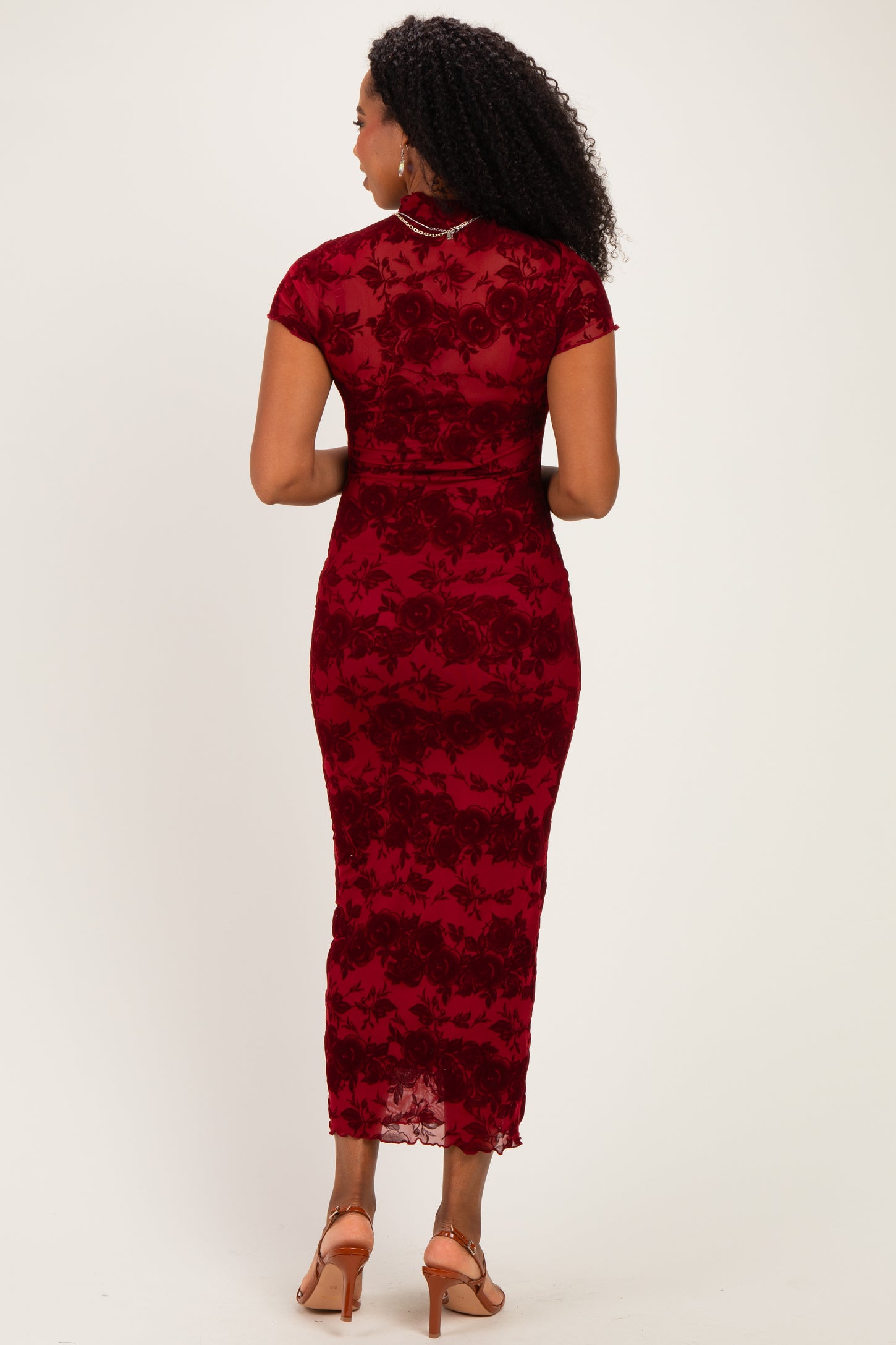 Red Floral Mesh Midi Dress