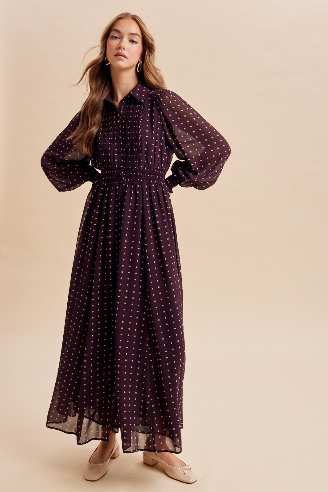 Burnt Mocha Polka Dot Chiffon Button Down Maxi Dress