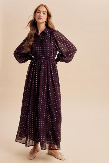 Burnt Mocha Polka Dot Chiffon Button Down Maxi Dress
