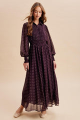 Burnt Mocha Polka Dot Chiffon Button Down Maxi Dress