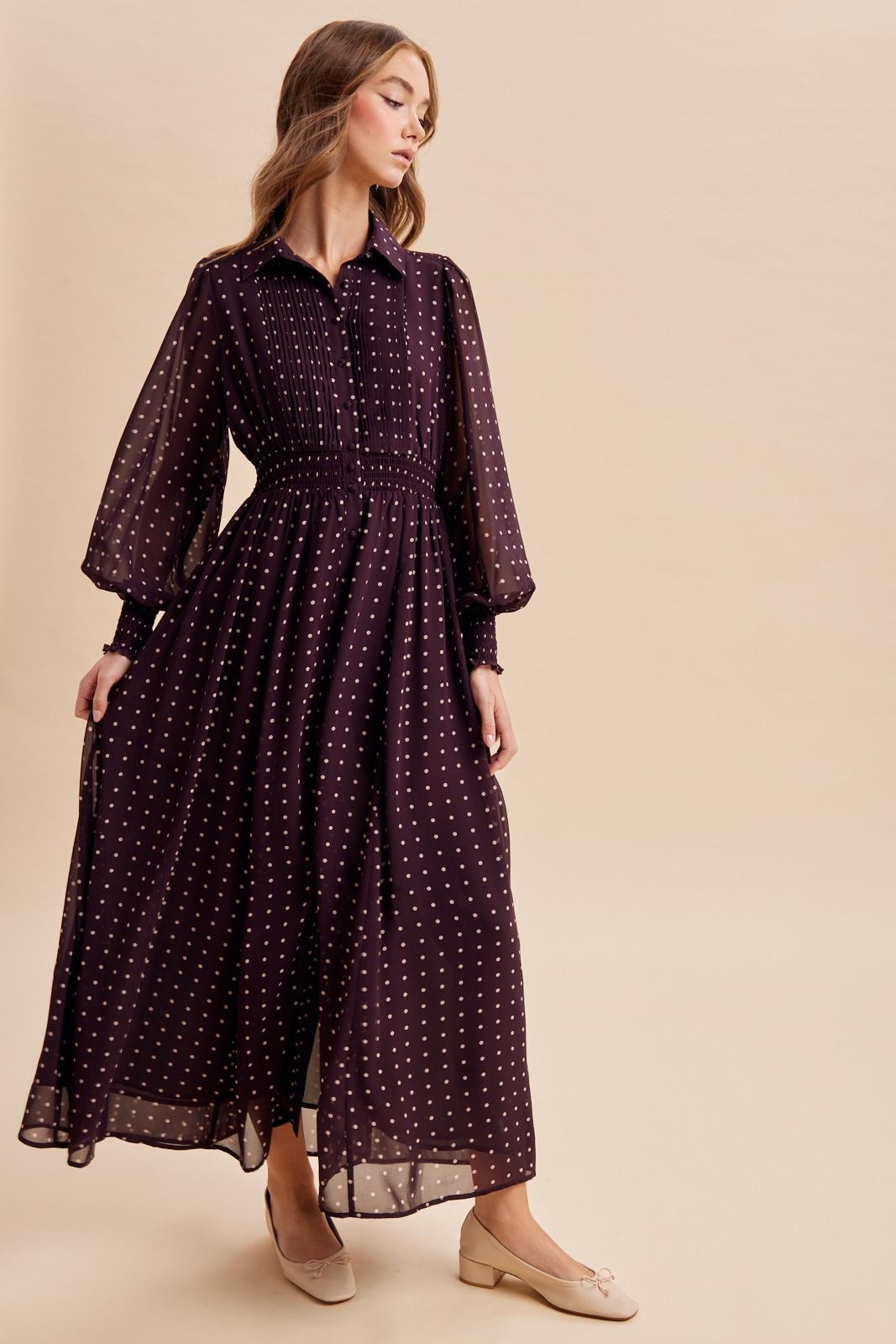 Burnt Mocha Polka Dot Chiffon Button Down Maxi Dress