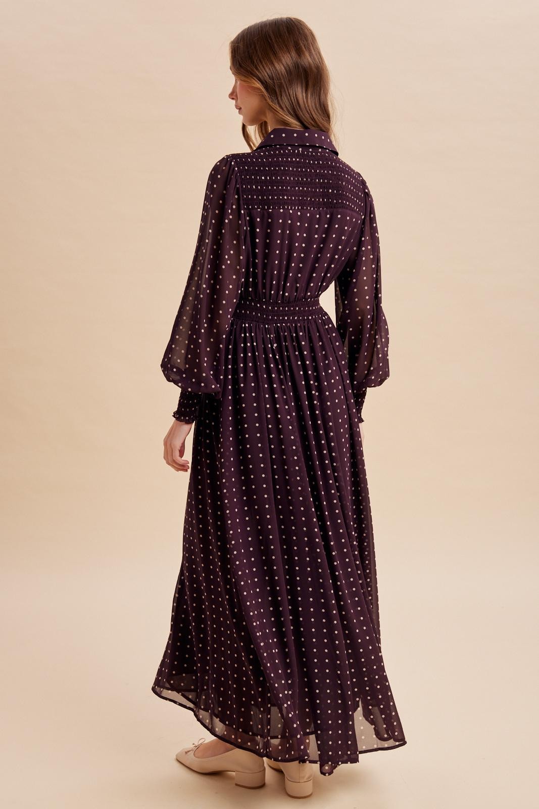 Burnt Mocha Polka Dot Chiffon Button Down Maxi Dress