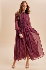 Bordeaux Polka Dot Chiffon Button Down Maxi Dress