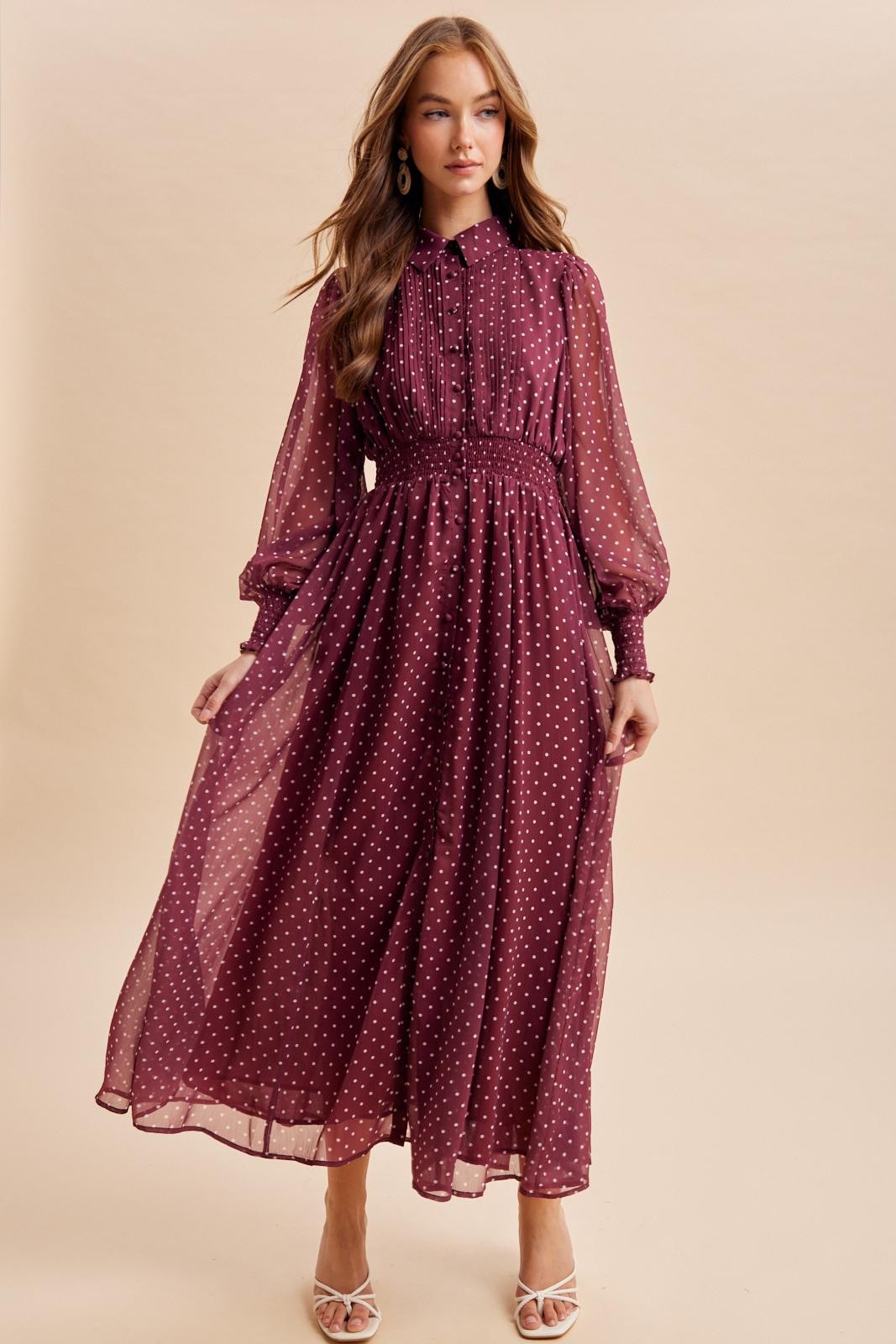 Bordeaux Polka Dot Chiffon Button Down Maxi Dress