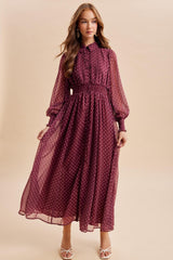 Bordeaux Polka Dot Chiffon Button Down Maxi Dress