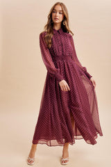 Bordeaux Polka Dot Chiffon Button Down Maxi Dress
