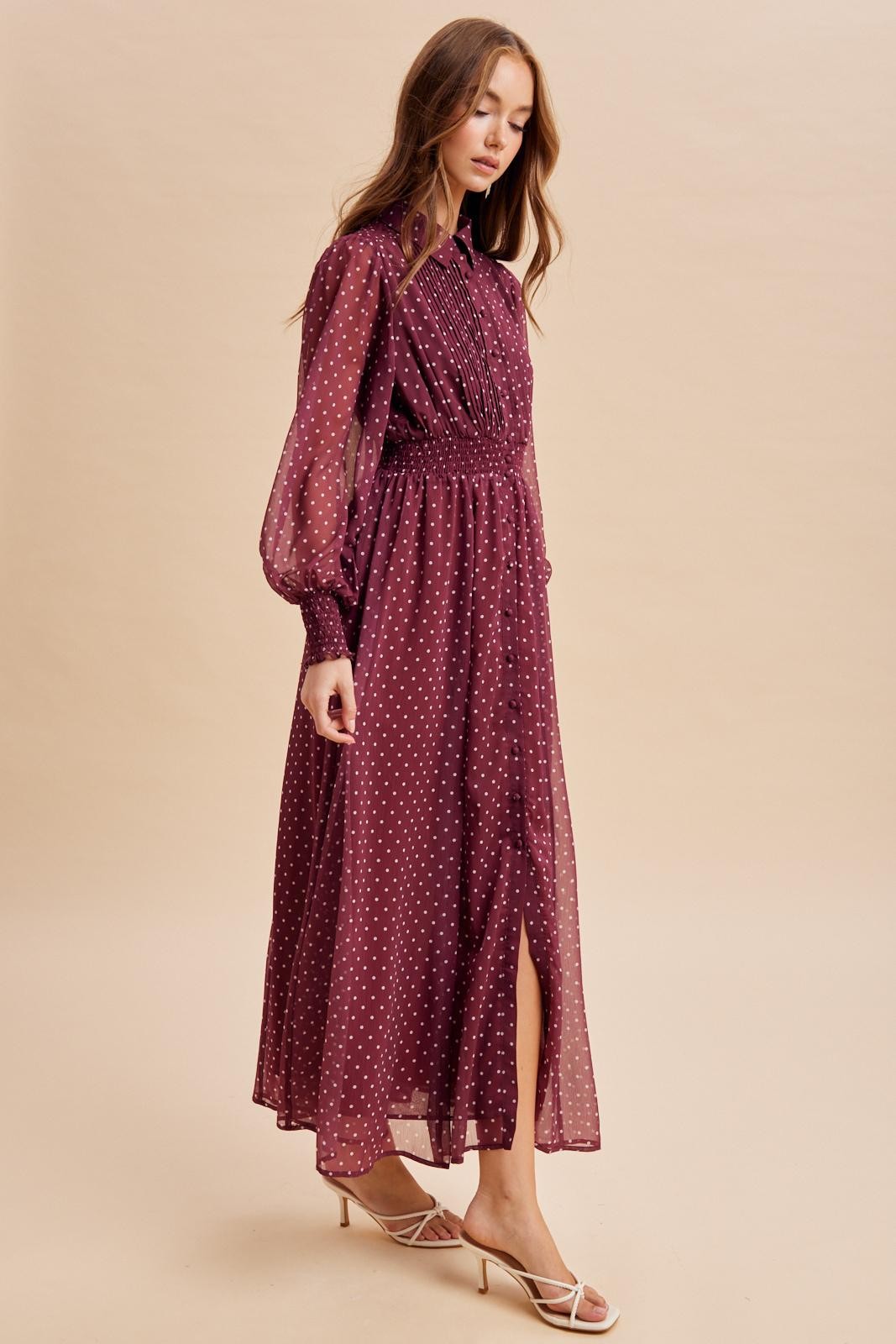 Bordeaux Polka Dot Chiffon Button Down Maxi Dress