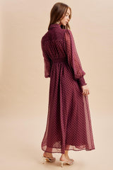 Bordeaux Polka Dot Chiffon Button Down Maxi Dress