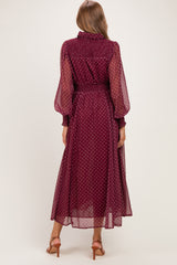 Bordeaux Polka Dot Chiffon Button Down Maternity Maxi Dress