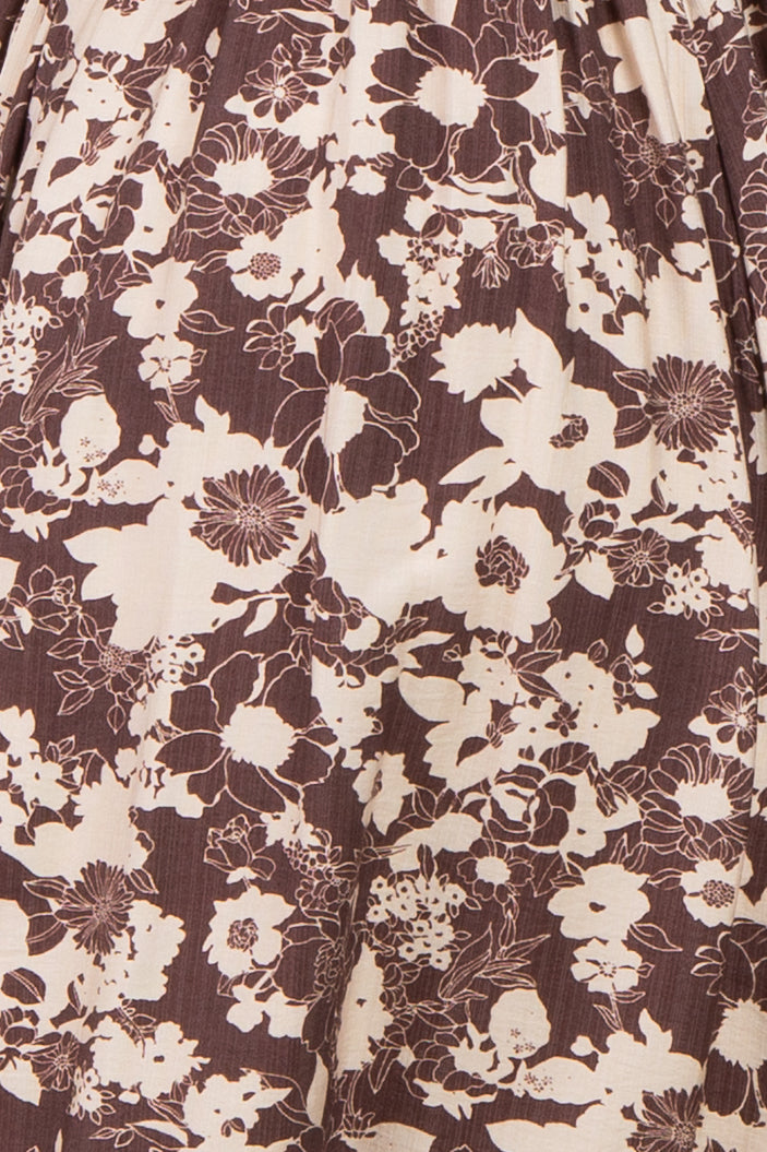 Fig Brown Velvet Bow Bubble Sleeve Floral Midi Dress