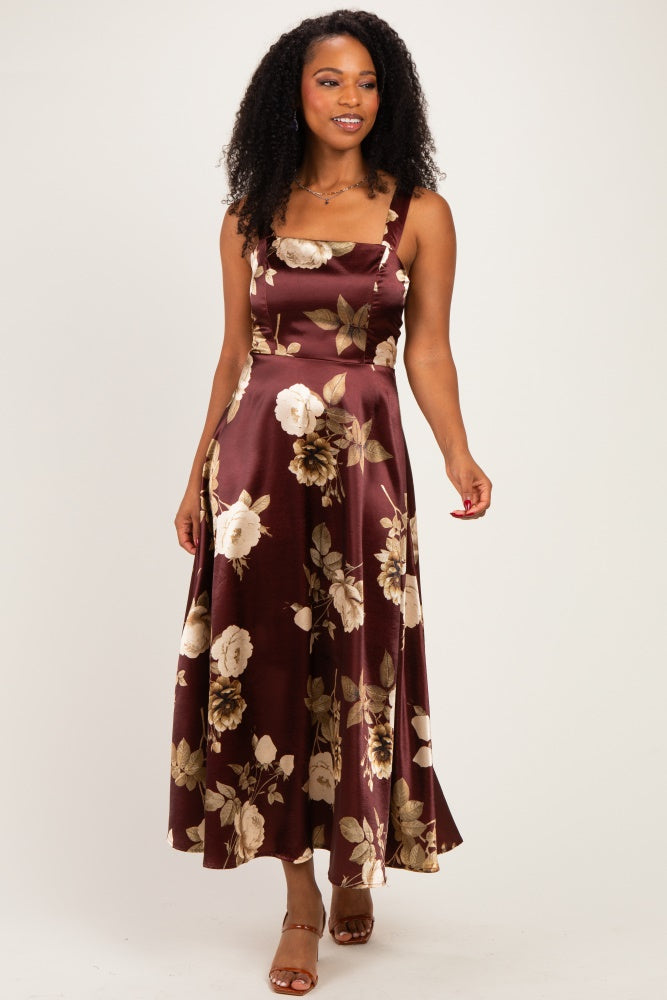 Wine Satin Floral Midi Dress