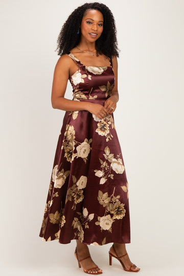Wine Satin Floral Midi Dress