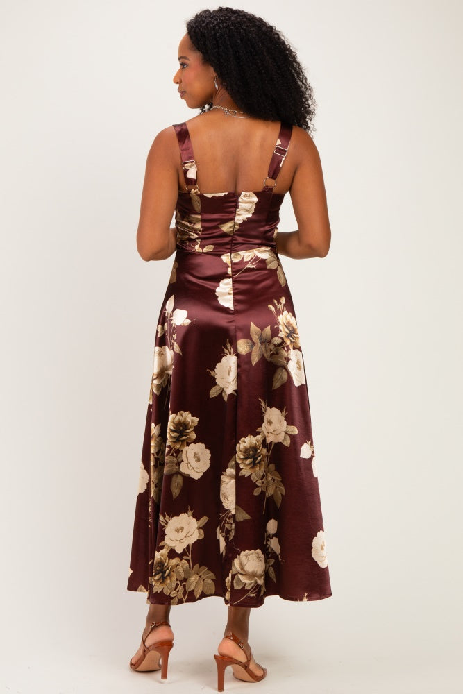 Wine Satin Floral Midi Dress