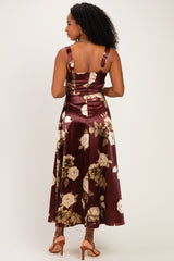 Wine Satin Floral Midi Dress
