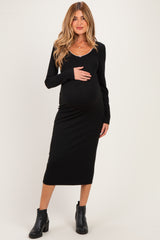Black Ribbed Rosette Detail Maternity Midi Dress