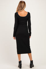 Black Ribbed Rosette Detail Maternity Midi Dress