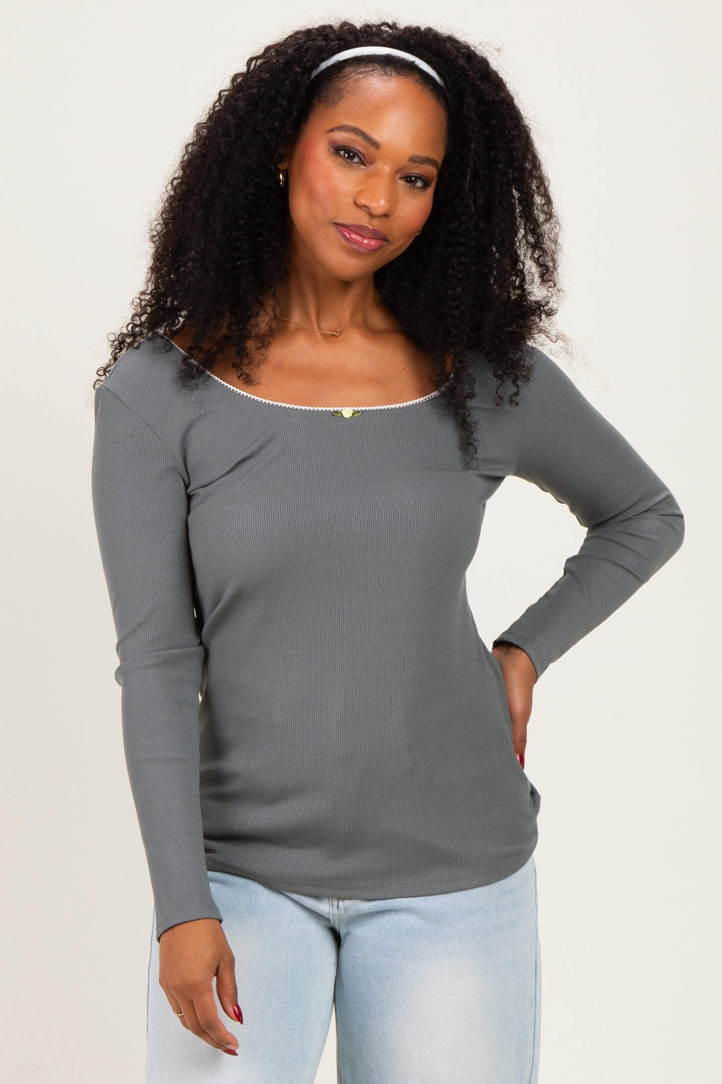 Olive Ribbed Rosette Trim Detail Long Sleeve Top