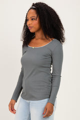 Olive Ribbed Rosette Trim Detail Long Sleeve Top
