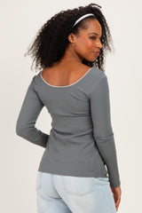 Olive Ribbed Rosette Trim Detail Long Sleeve Top