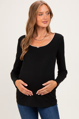 Black Ribbed Rosette Trim Detail Maternity Long Sleeve Top