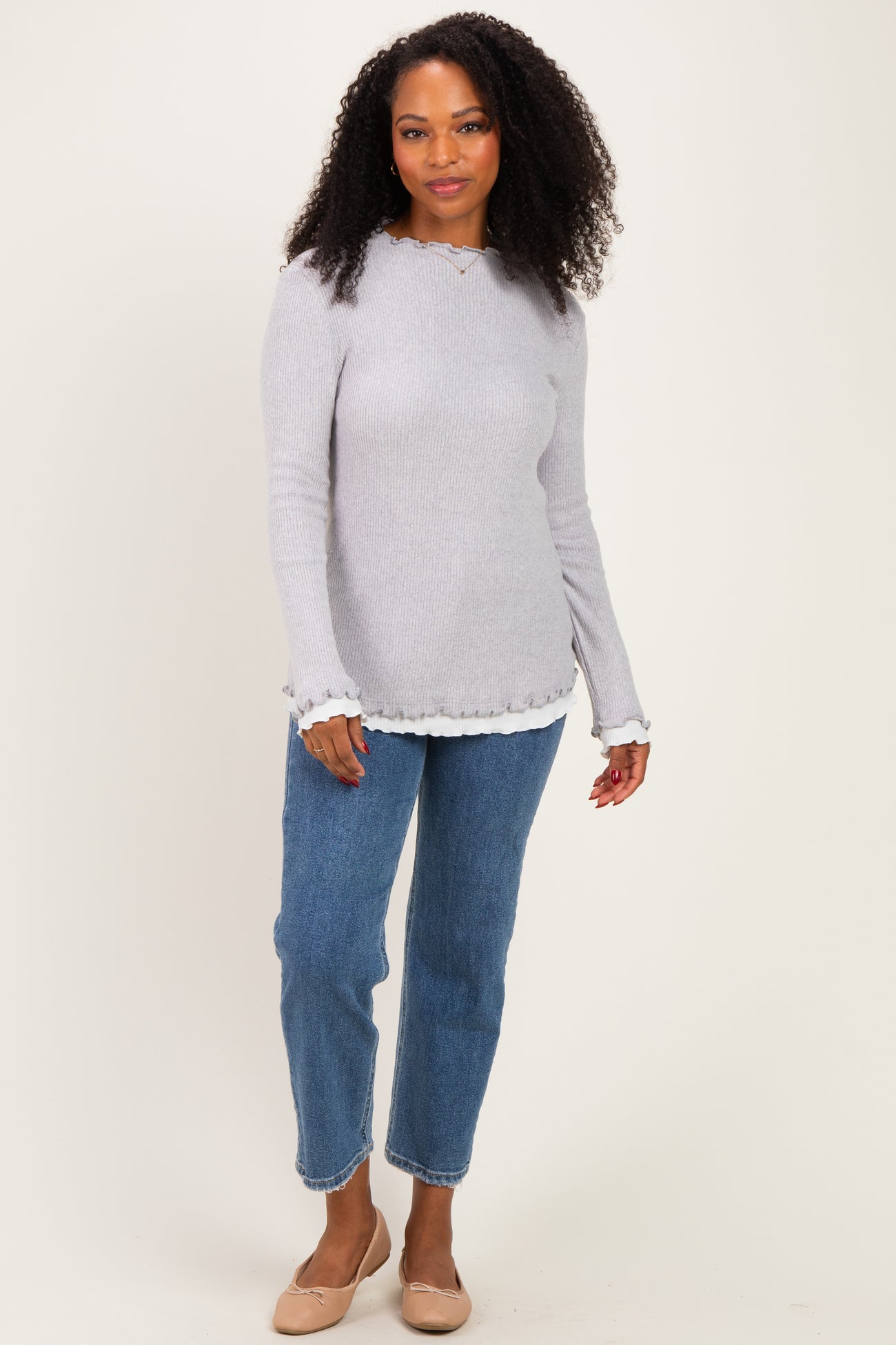 Grey/White Mock Neck Ruffle Edge Long Sleeve Top