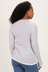 Grey/White Mock Neck Ruffle Edge Long Sleeve Top