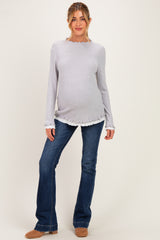 Grey/White Maternity Mock Neck Ruffle Edge Long Sleeve Top