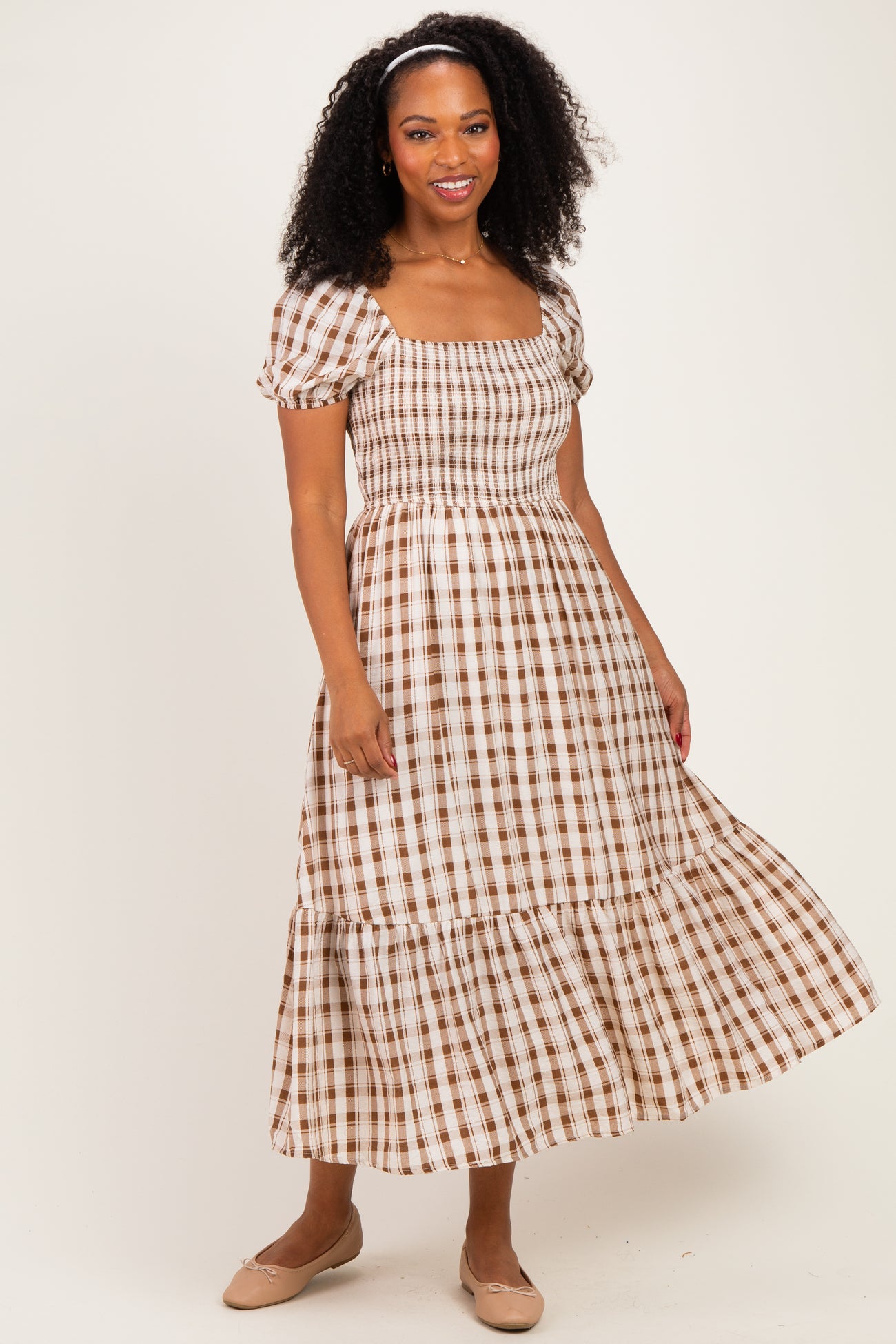 Cream Plaid Smocked Puff Sleeve Tiered Midi Dress
