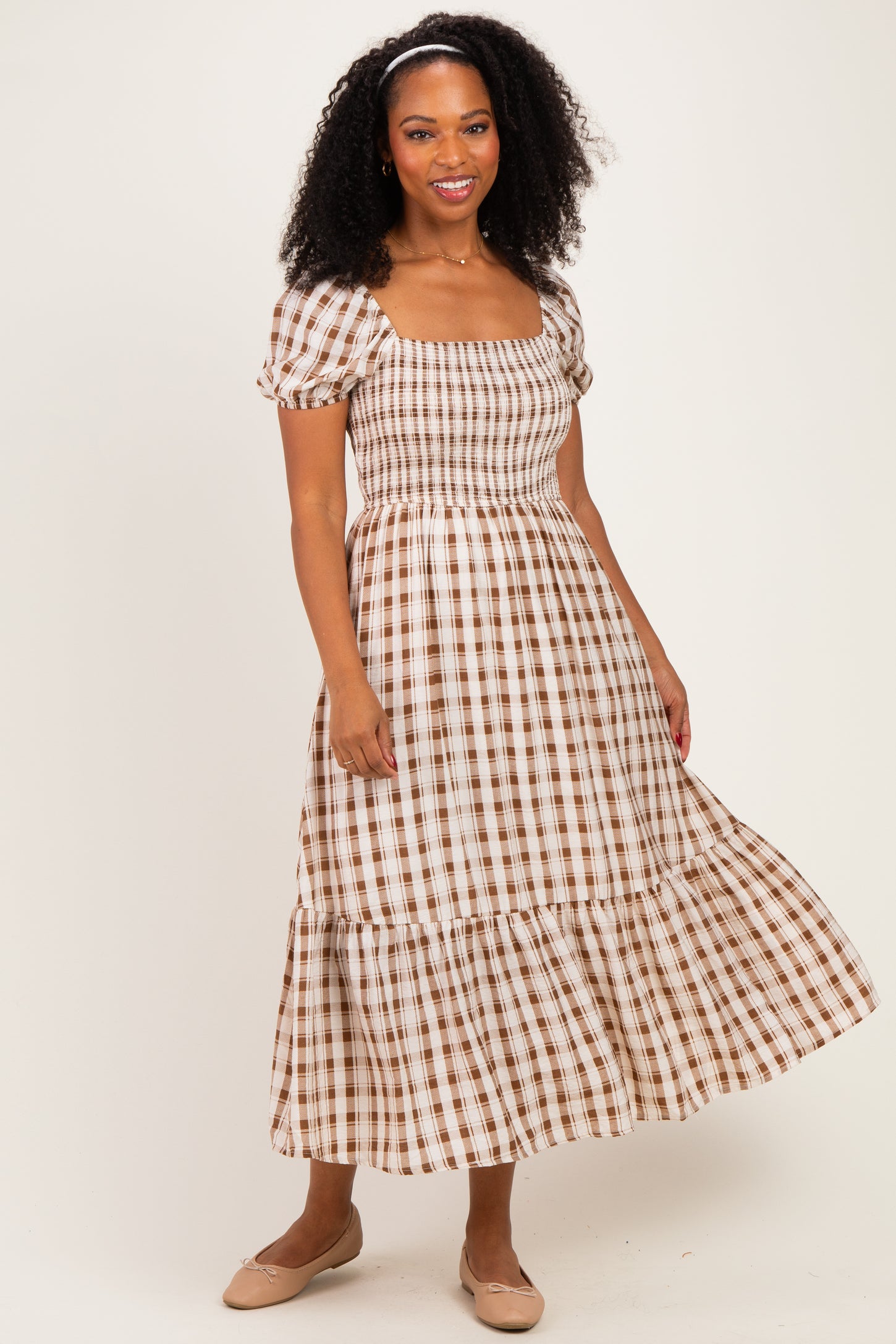 Cream Plaid Smocked Puff Sleeve Tiered Midi Dress