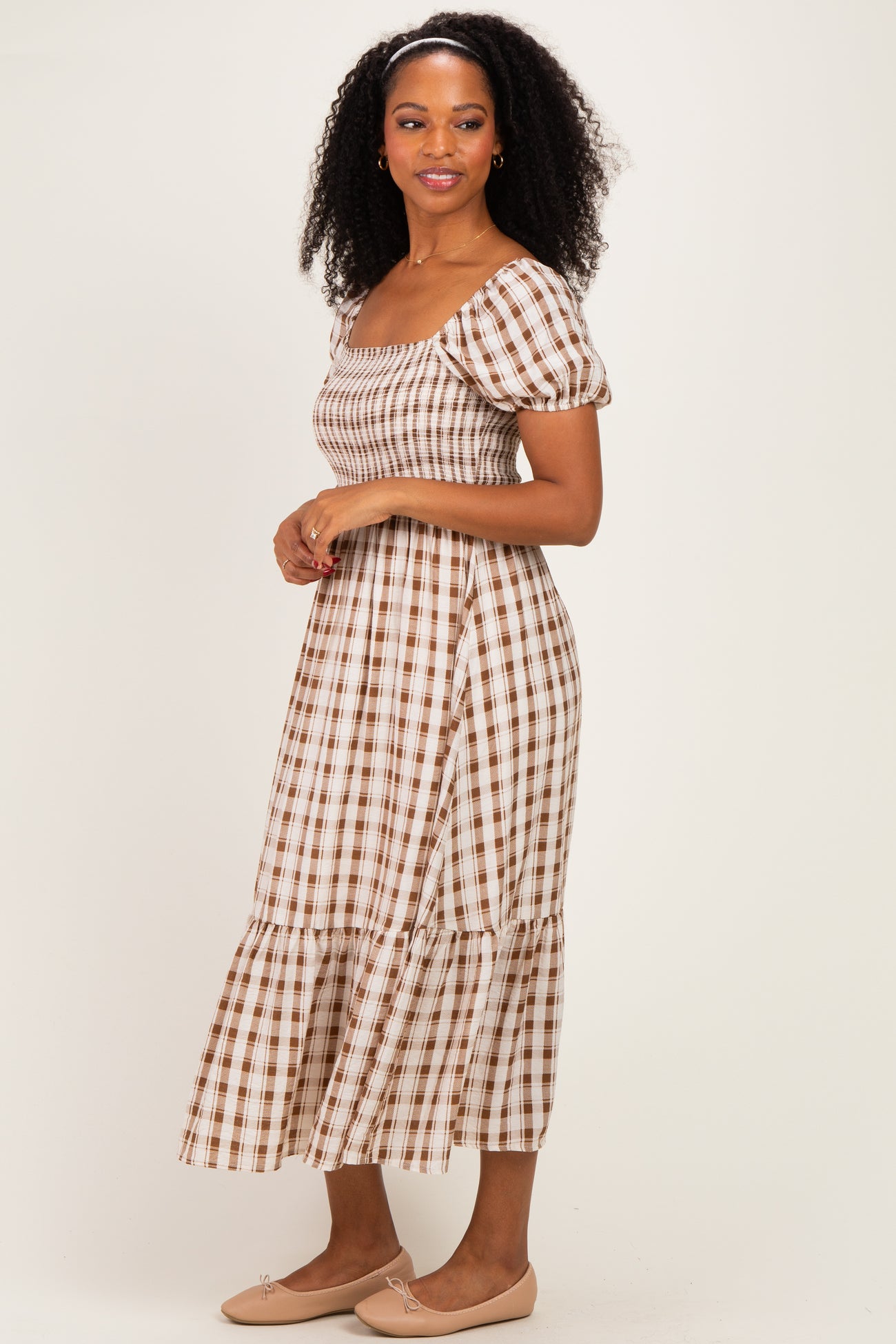 Cream Plaid Smocked Puff Sleeve Tiered Midi Dress
